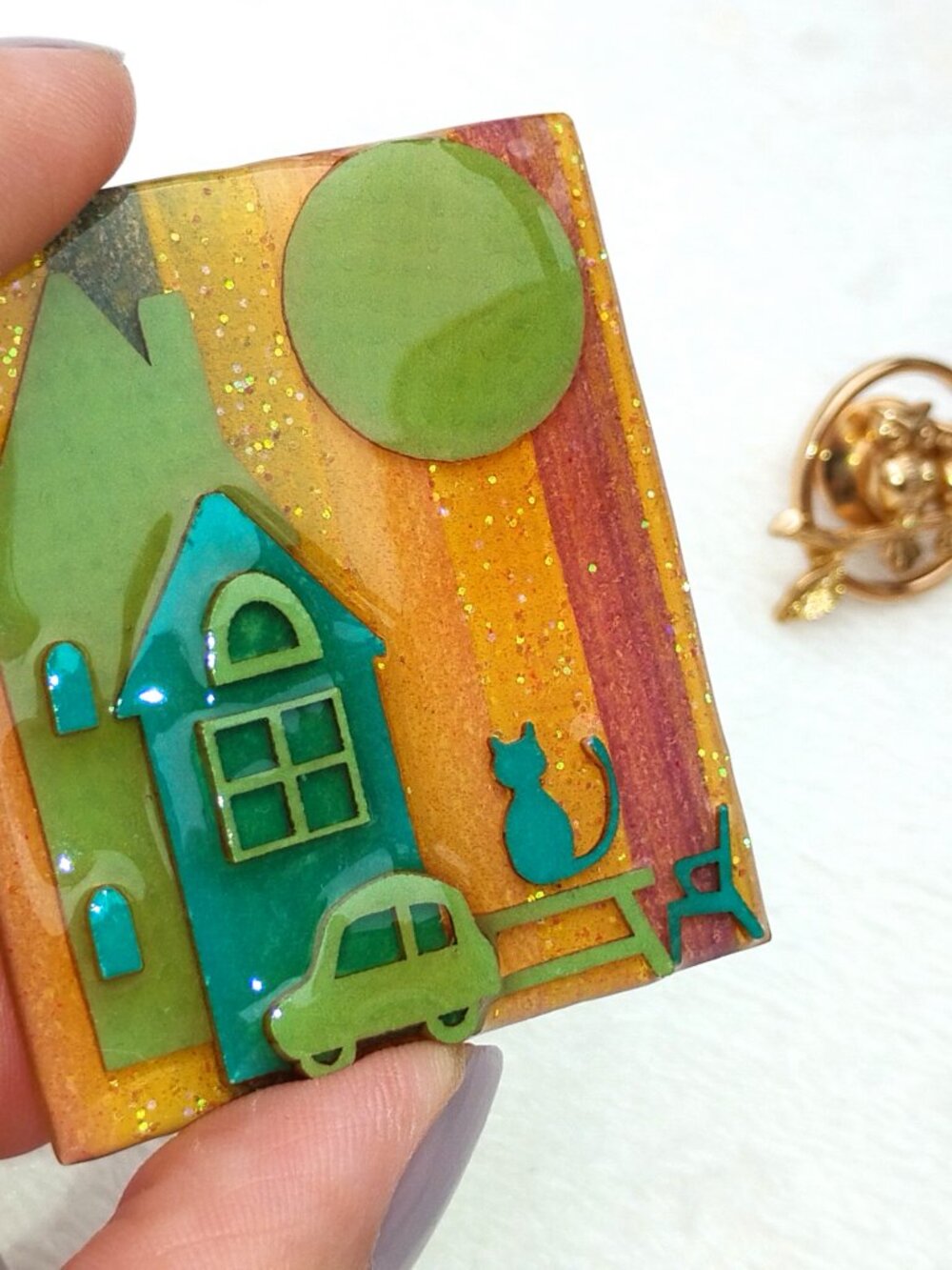 Blazer Bling Home Brooch Layered Sparkle House and Gold-tone Owls on Branch Pin